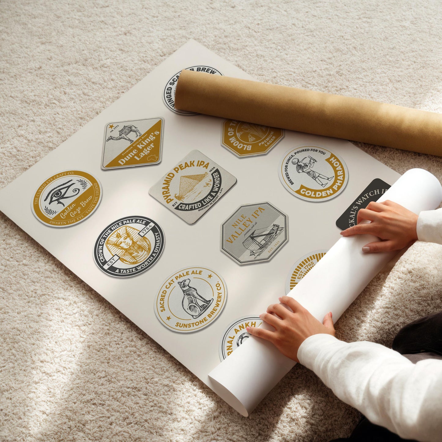 Egyptian pub coaster piece with ancient beer cats and goddess motifs, pyramids, and Nile. Great gift for pint lovers and travellers.