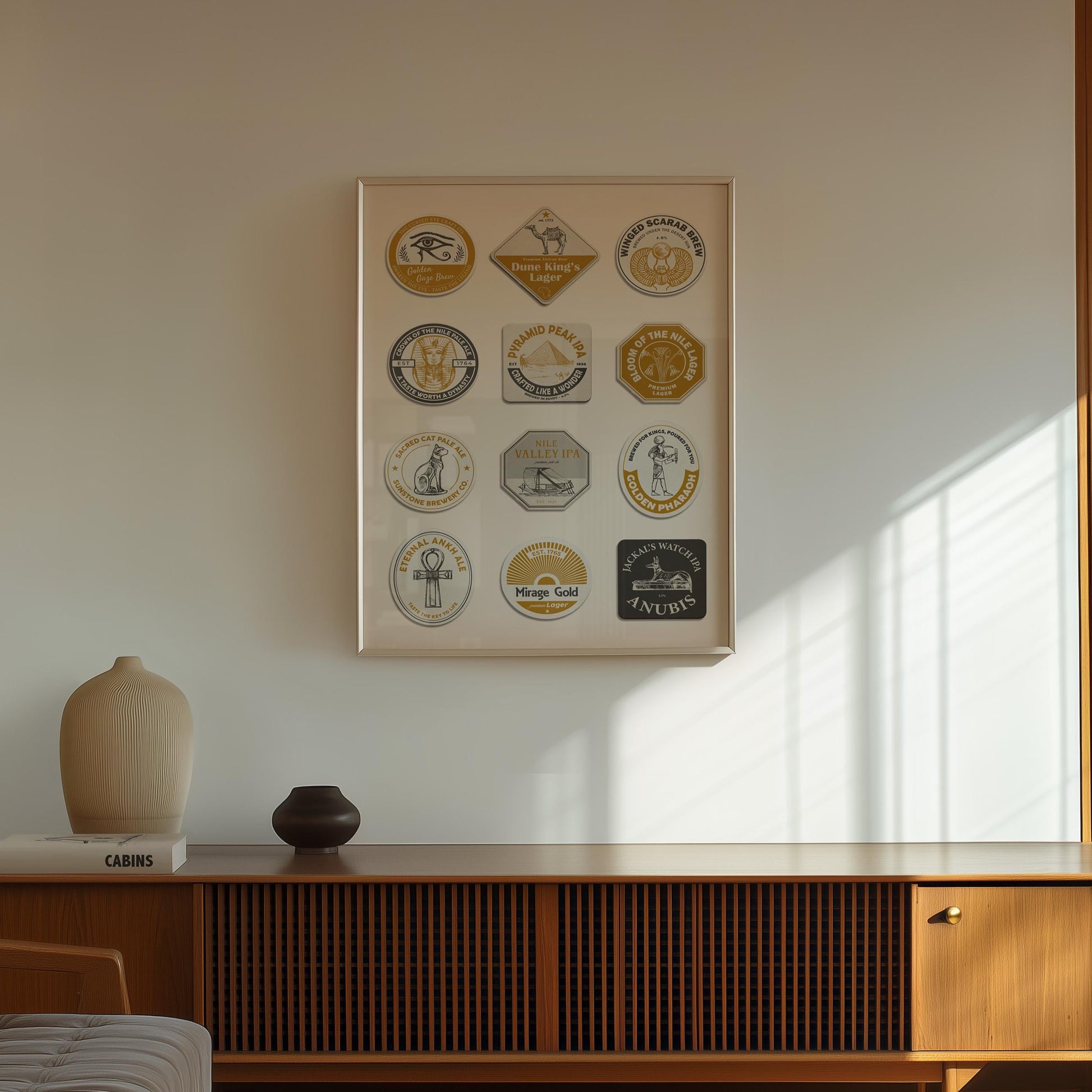 Egypt beer coaster art with camel, desert, ankh, pharoah and valley scenes. Perfect pint gift for beer lovers and travellers.