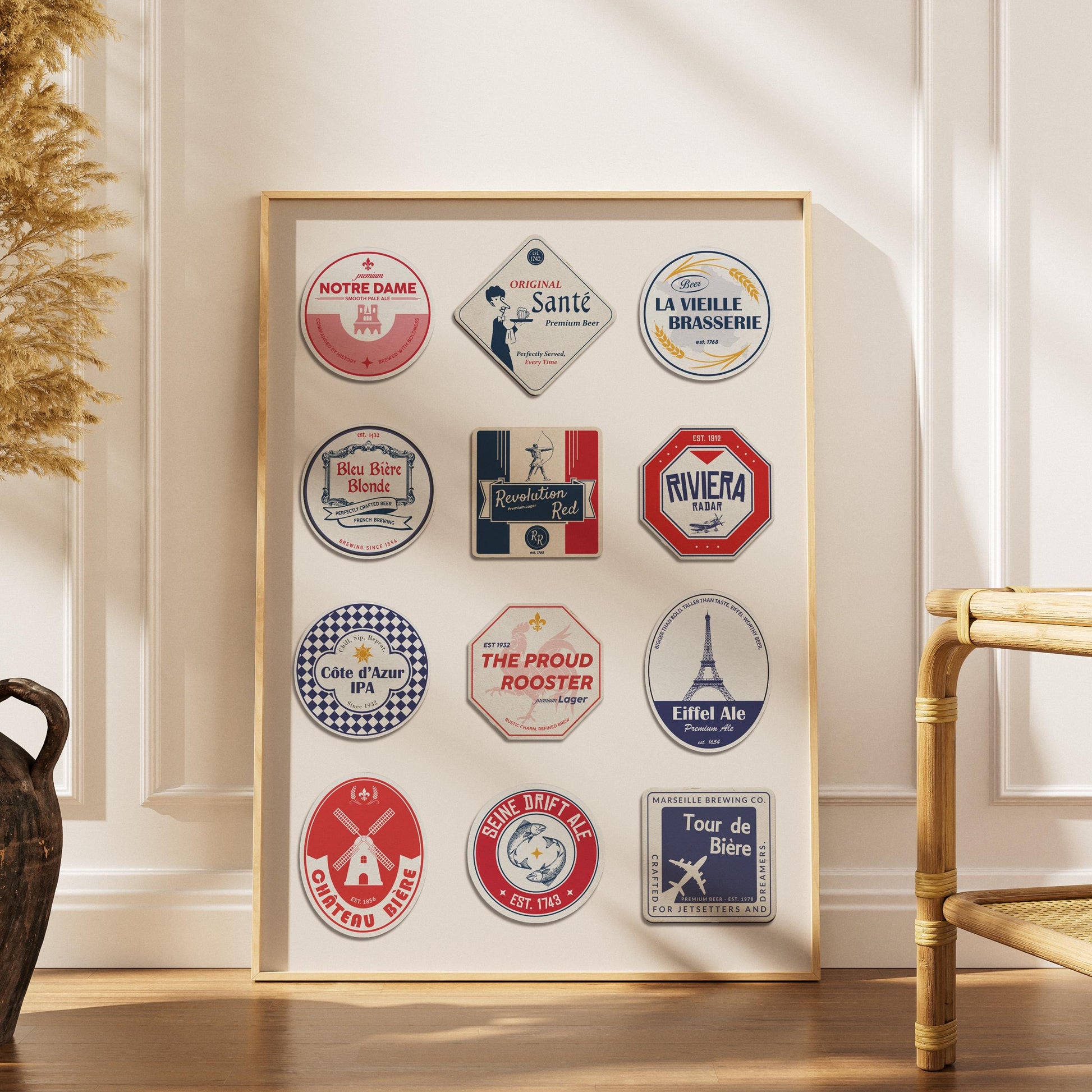 France travel beer mat poster with Paris landmarks, traditions, and landscapes - perfect beer pint pub dad gift for travellers and holiday art.