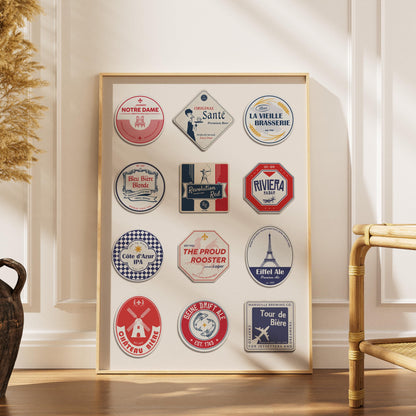 France travel beer mat poster with Paris landmarks, traditions, and landscapes - perfect beer pint pub dad gift for travellers and holiday art.