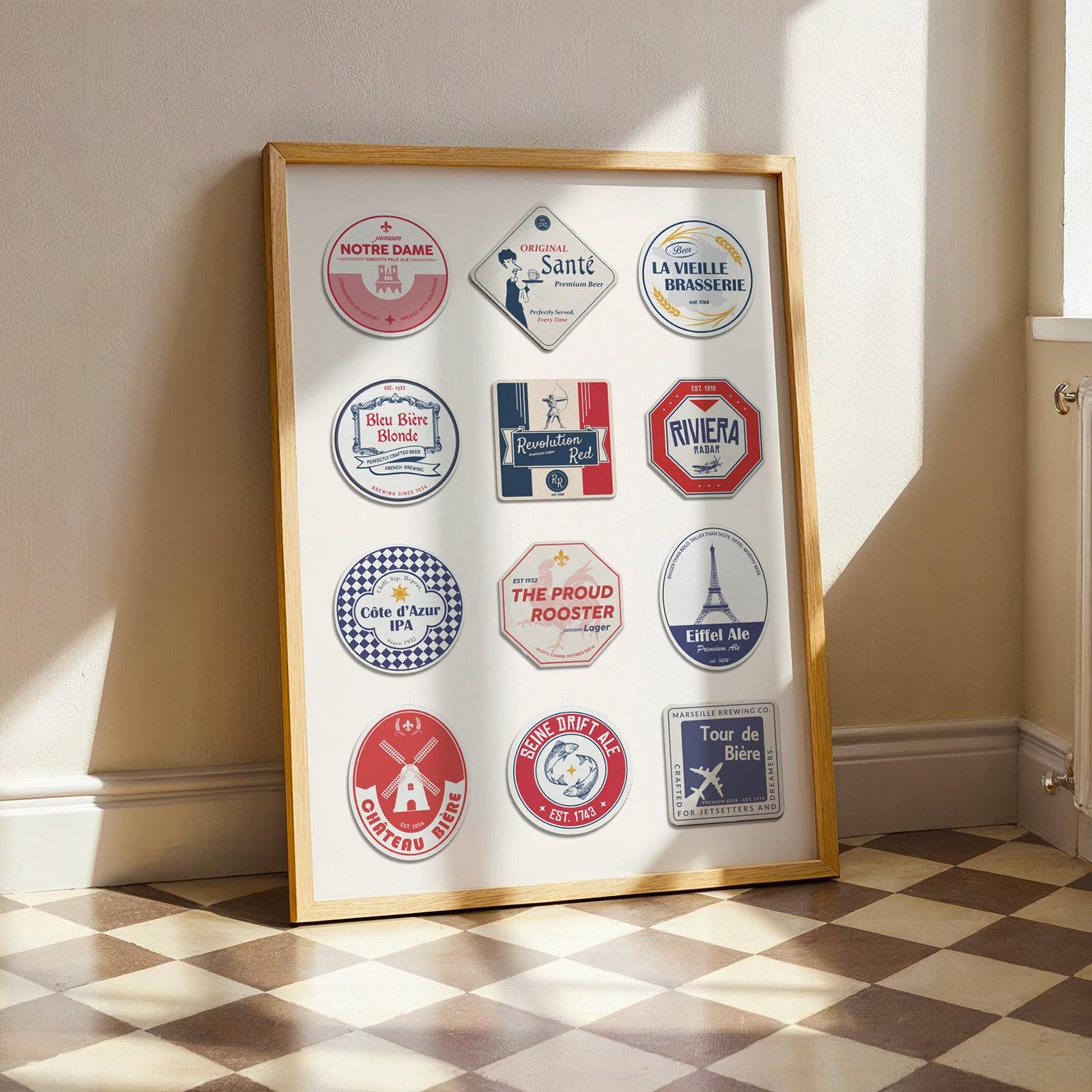 france beer mat poster with iconic scenes, great pub dad gift and holiday art for office or kitchen wall.