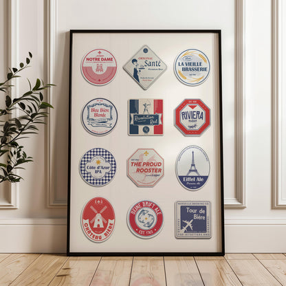 Printable France beer mat poster with vineyards and Paris sights, perfect pub dad gift for traveller and holiday art.