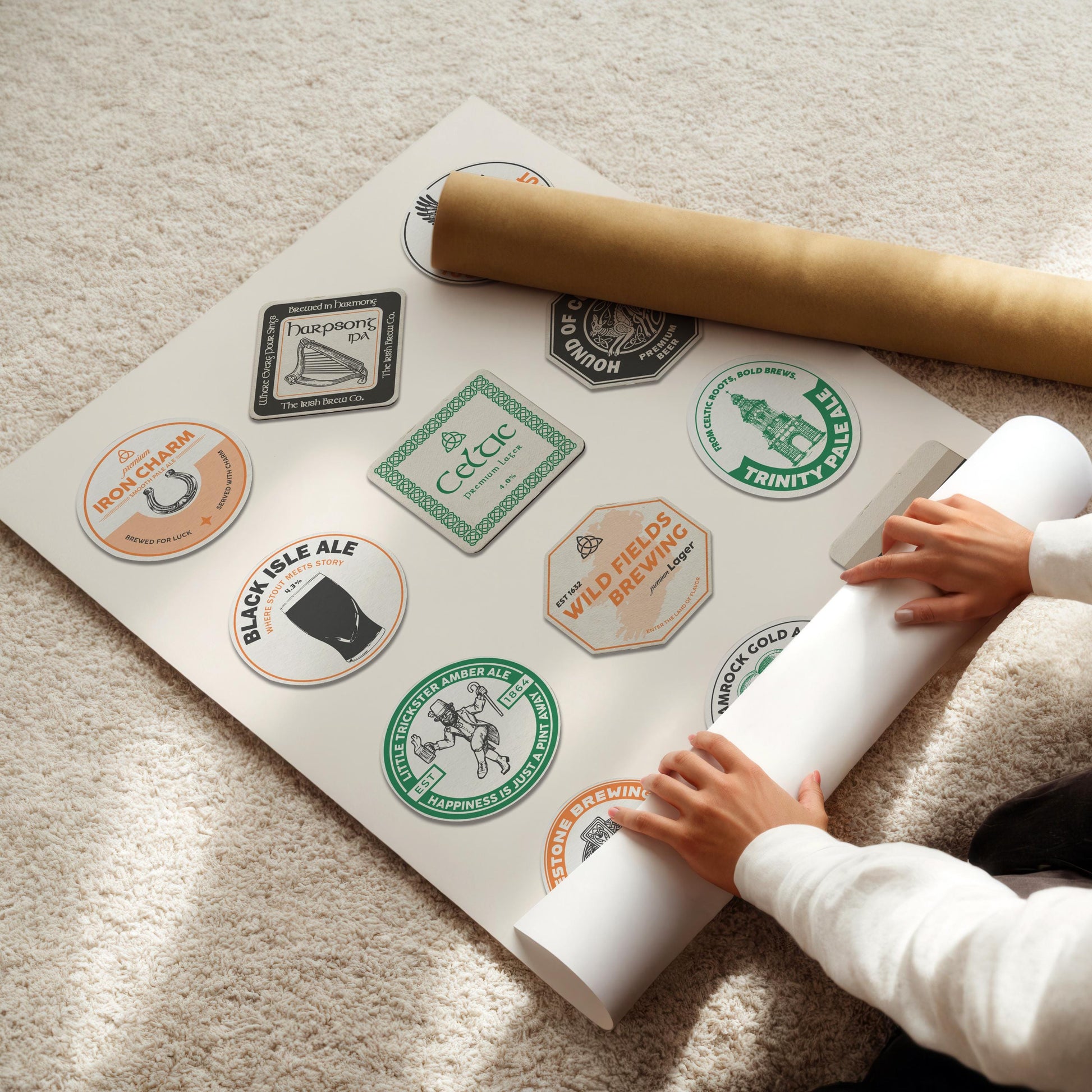 Framed in living room Irish beer coaster poster with stout, shamrocks, and Trinity College. Perfect pub wall gift.