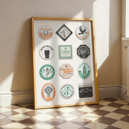 Framed trendy unique Dublin pub culture art featuring Irish stout, shamrock, and Trinity College. Perfect holiday gift.
