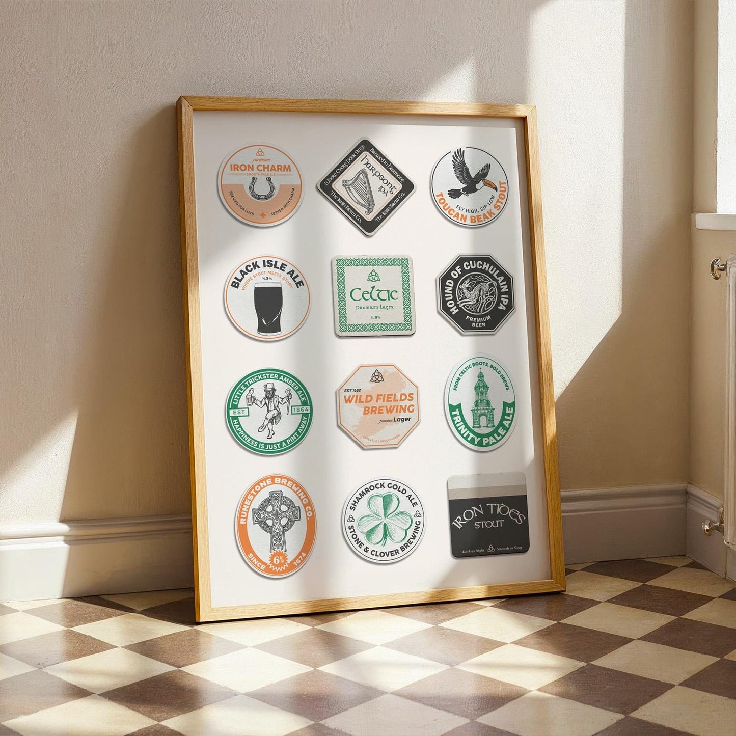 Framed trendy unique Dublin pub culture art featuring Irish stout, shamrock, and Trinity College. Perfect holiday gift.