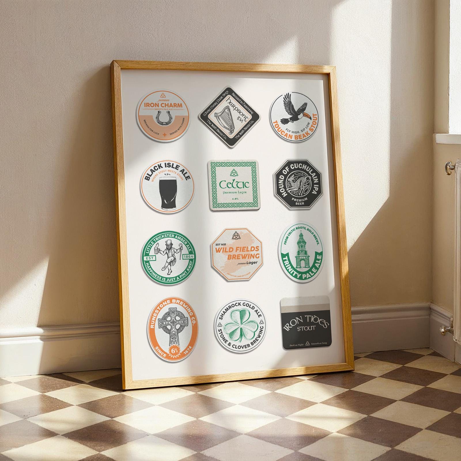 Framed trendy unique Dublin pub culture art featuring Irish stout, shamrock, and Trinity College. Perfect holiday gift.