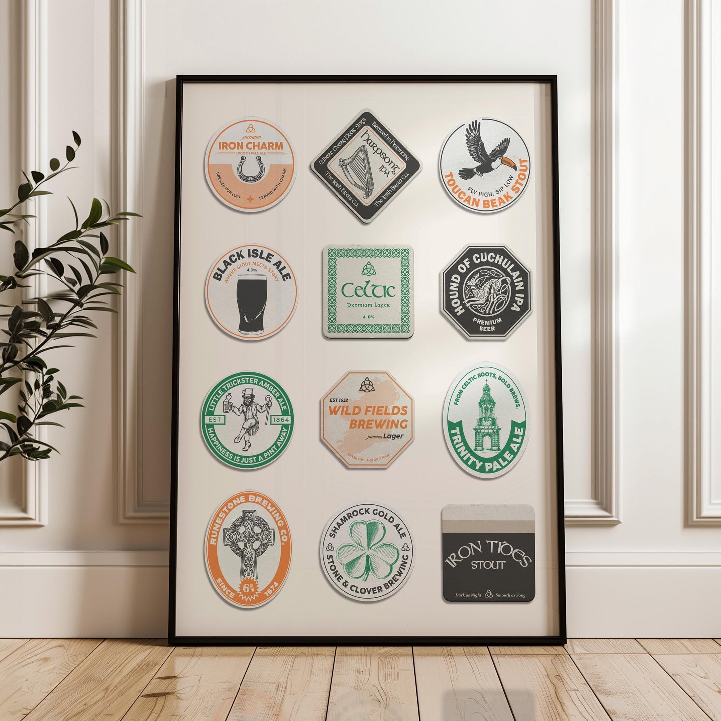 Irish beer mat poster leaning on sofa with lucky clover, stout glass, city landmarks. Ideal for pint lovers and pub décor.