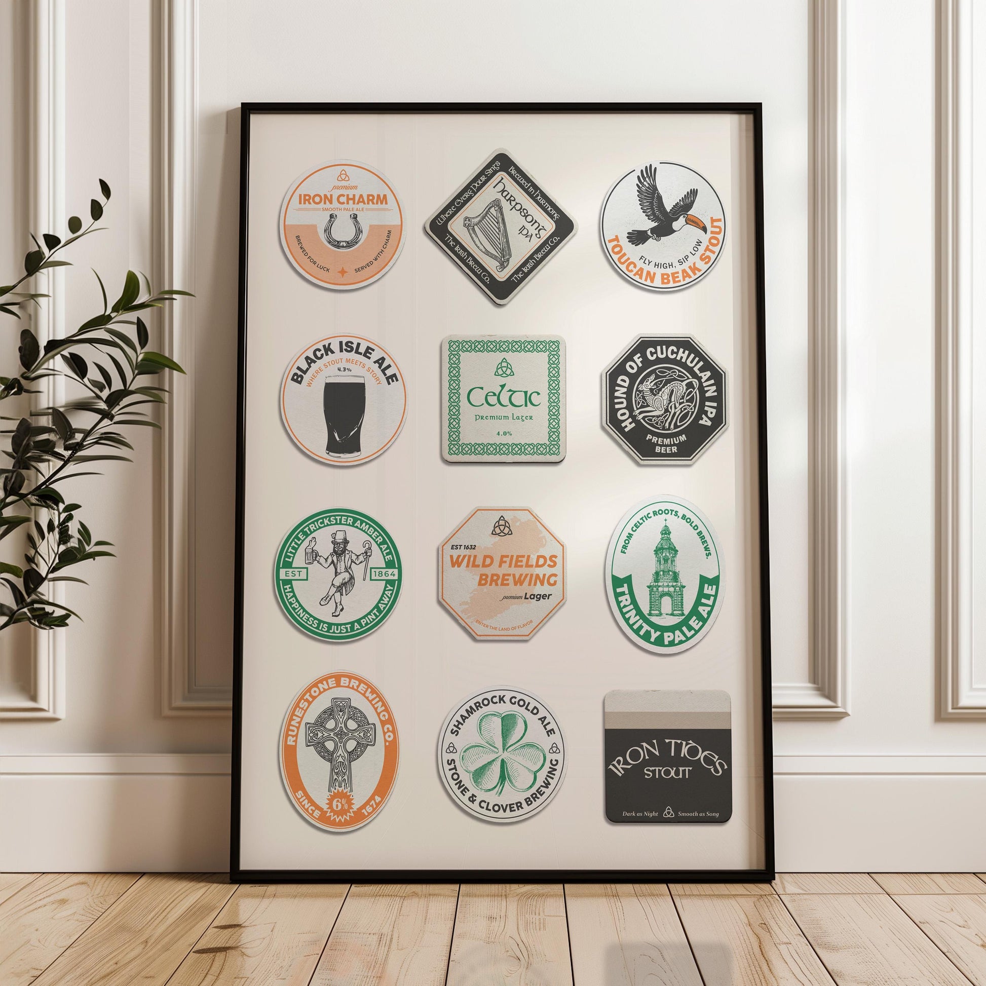 Irish beer mat poster leaning on sofa with lucky clover, stout glass, city landmarks. Ideal for pint lovers and pub décor.