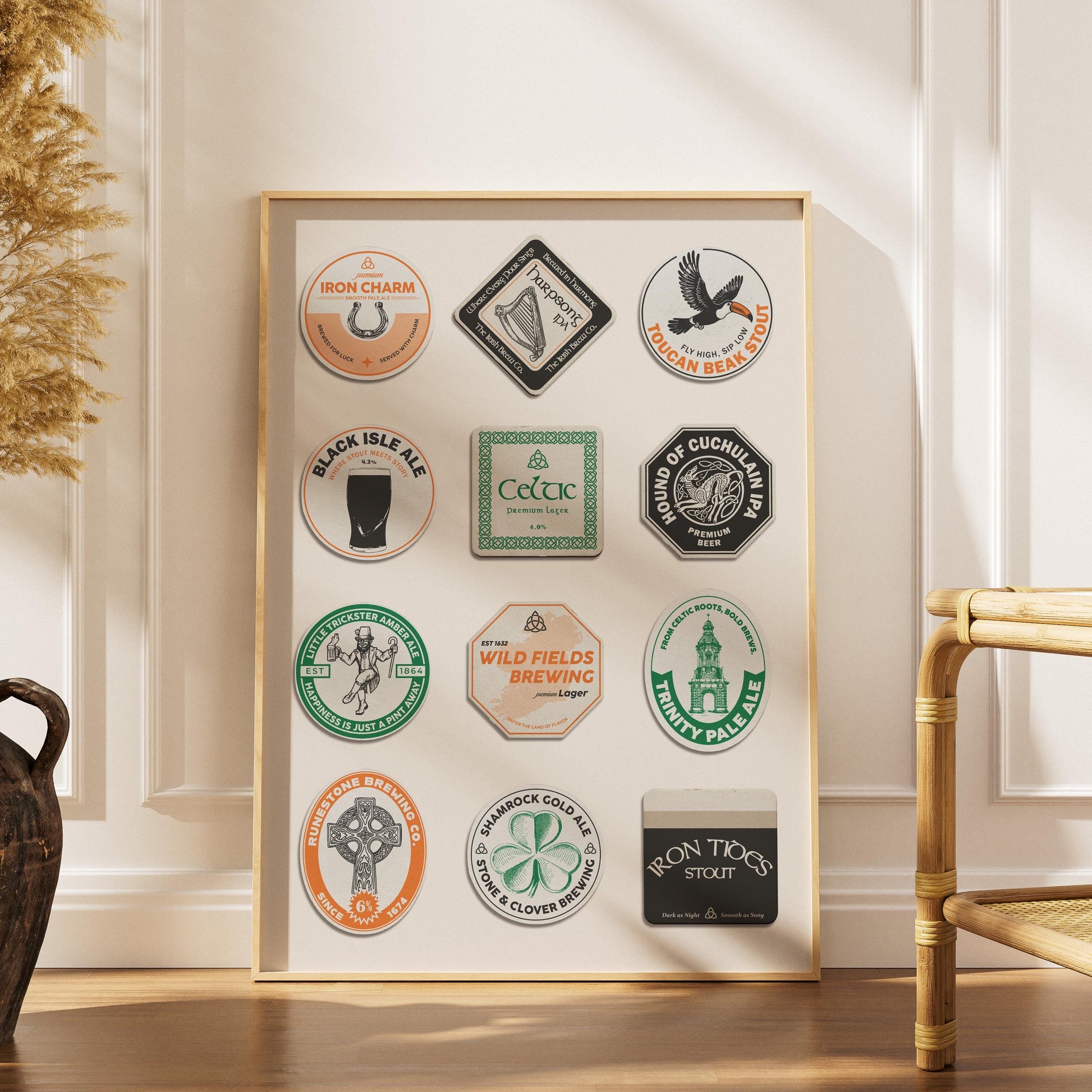 Digital beer coaster with Irish stout, lucky charm, and shamrock motifs. Great gift for Irish-themed décor and presents.