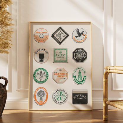 Digital beer coaster with Irish stout, lucky charm, and shamrock motifs. Great gift for Irish-themed décor and presents.