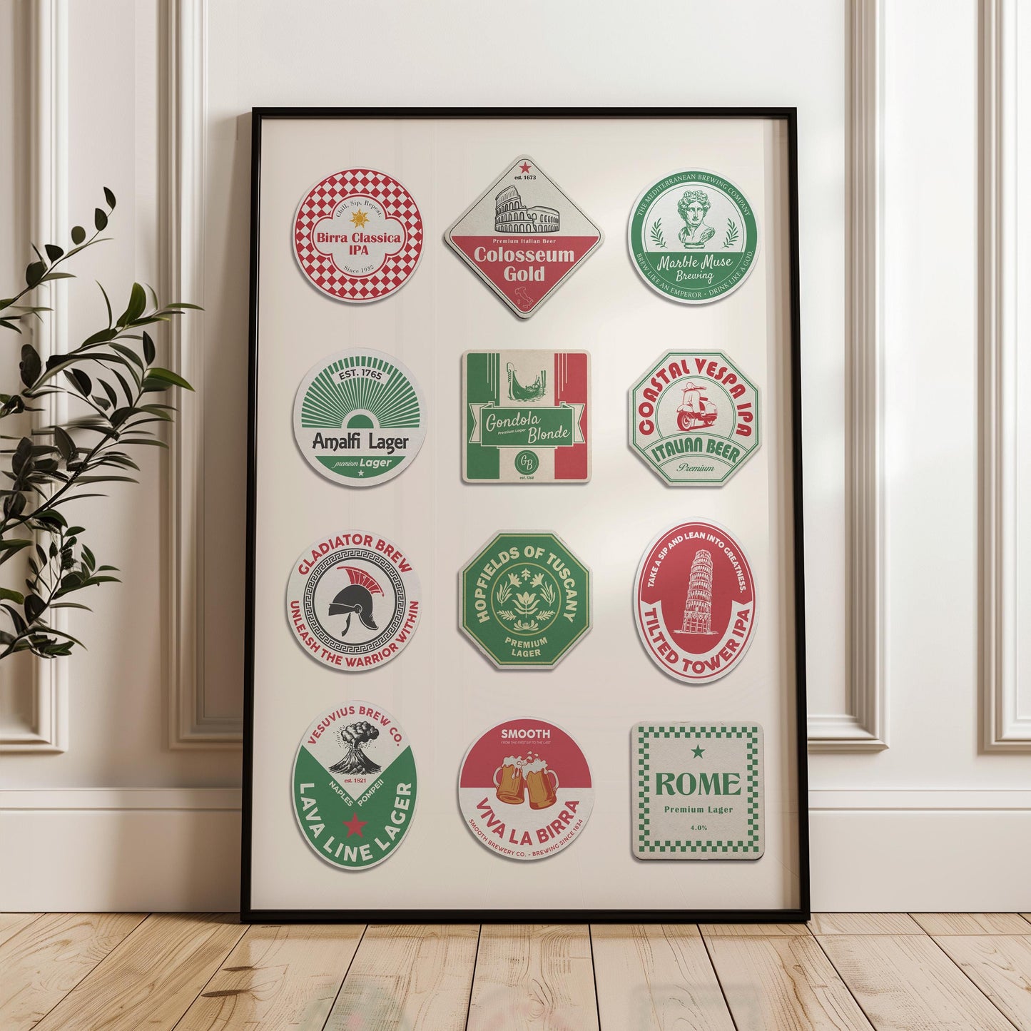 Framed pisa coaster print with Rome Venice and Florence perfect pub dad gift and travel holiday decor. Italy beer mat poster