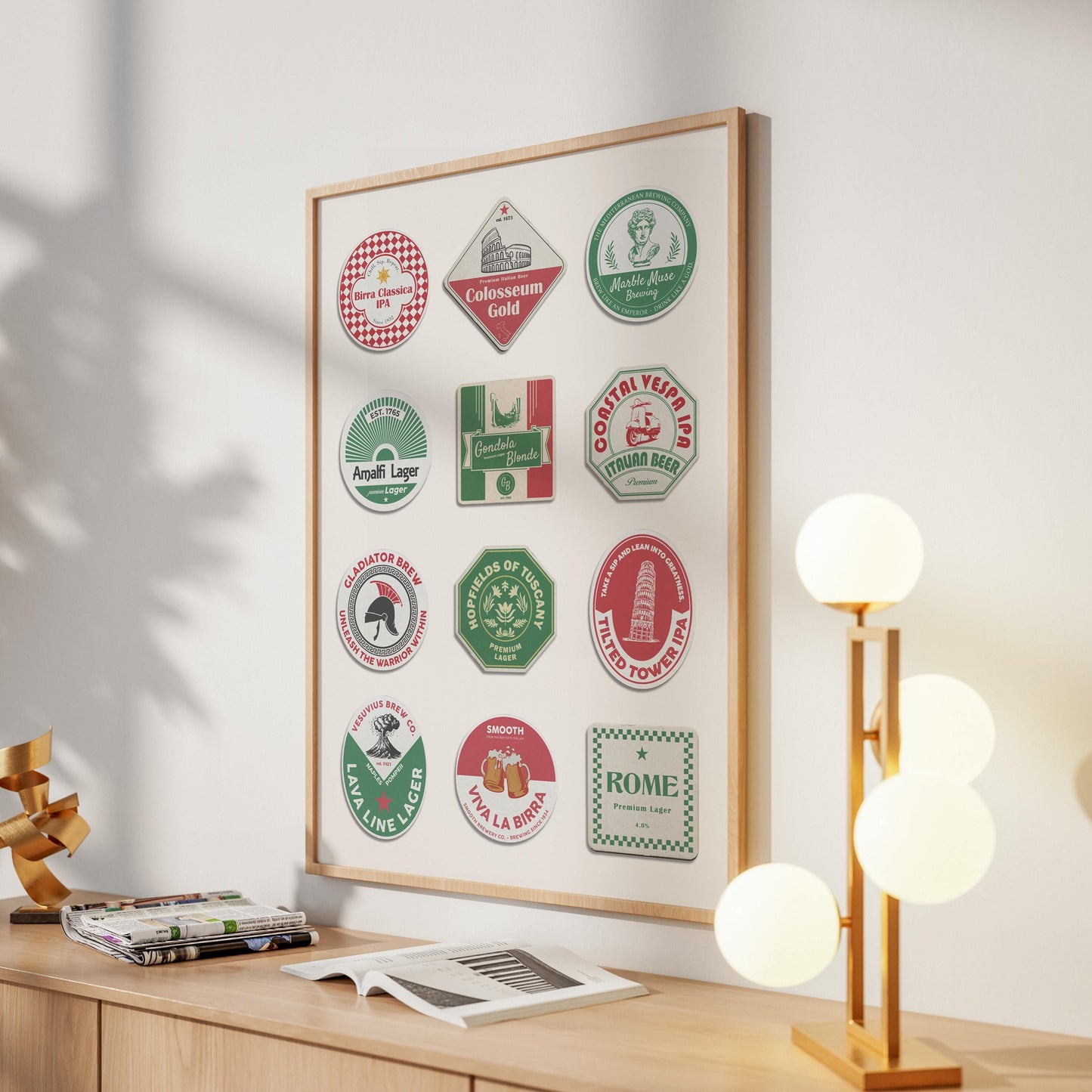 Rome and Venice digital pub mat poster with iconic Italian scenes, perfect pub dad gift and holiday art.