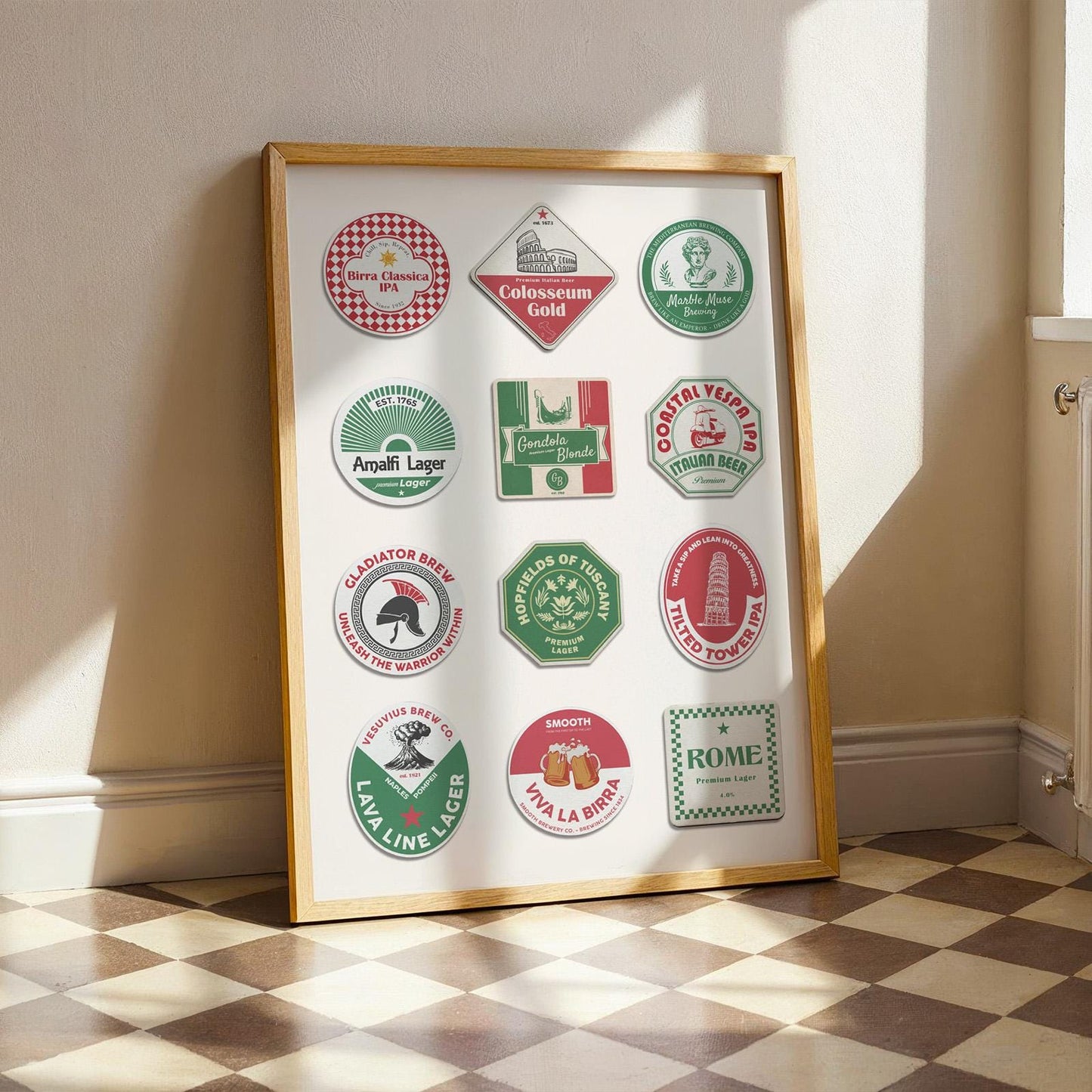 Handmade-style digital Italian Beer Pint Art with Naples, Milan, Venice views. ideal pub gift and wall art. Leaning in bedroom