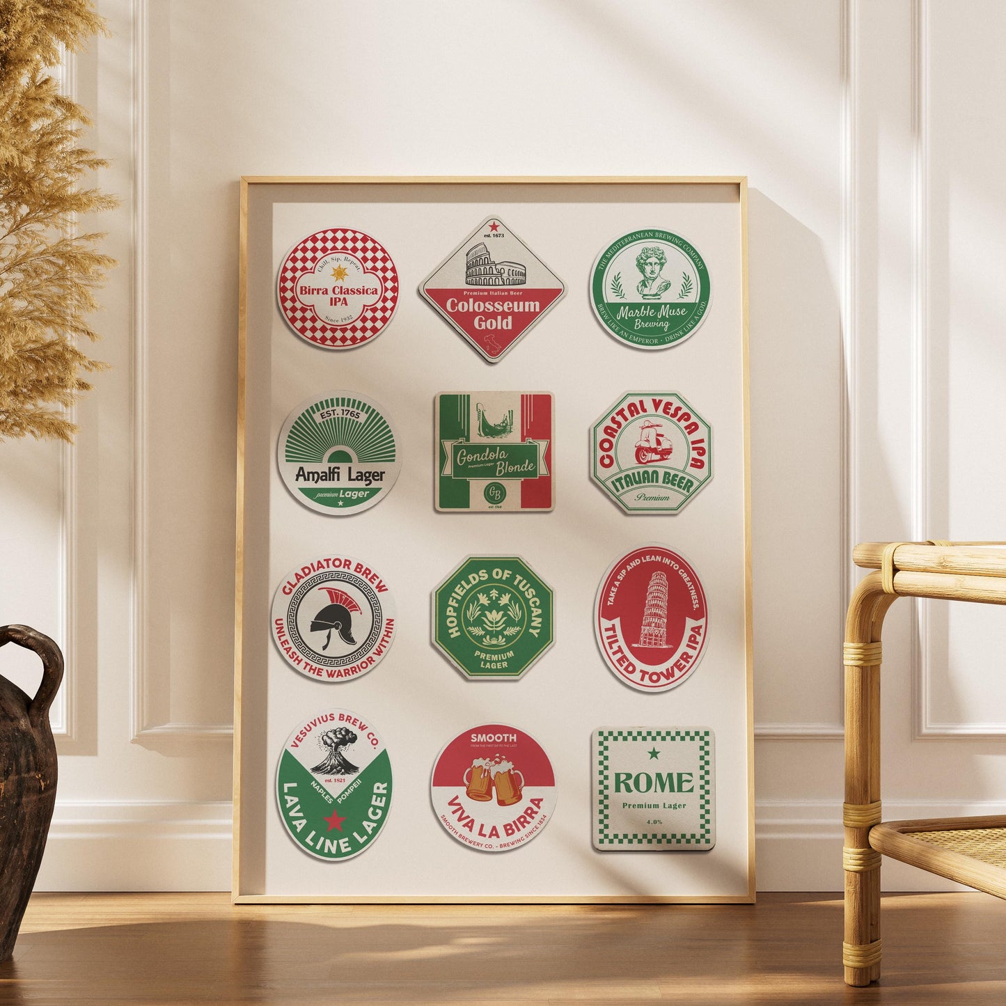a boho scandi style decor in a living room with a wooden framed print leaning on the wall. A masculine beer mat style poster with various italy inspired designs is on it.