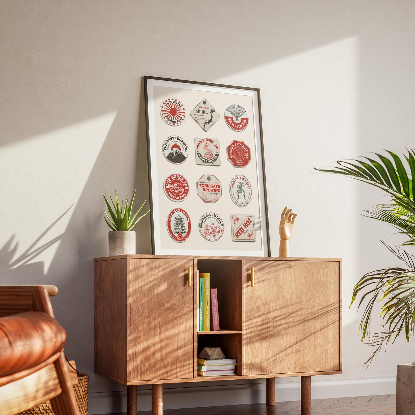 Framed Asia travel coaster art with Tokyo Tower, Nara deer, great for office desk or living room décor.