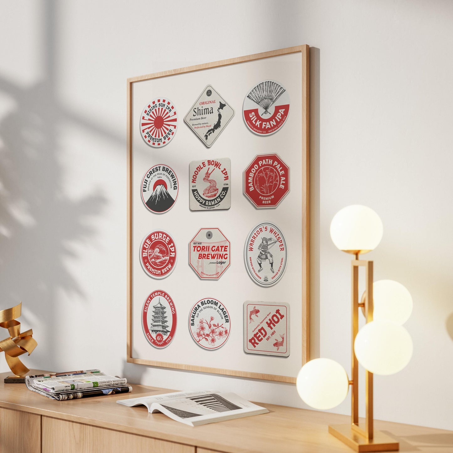 Japan beer mat framed poster showing iconic cities and beer traditions. Great gift for travellers and pubs.