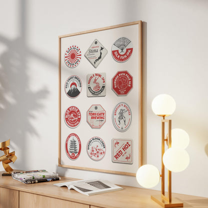 Japan beer mat framed poster showing iconic cities and beer traditions. Great gift for travellers and pubs.