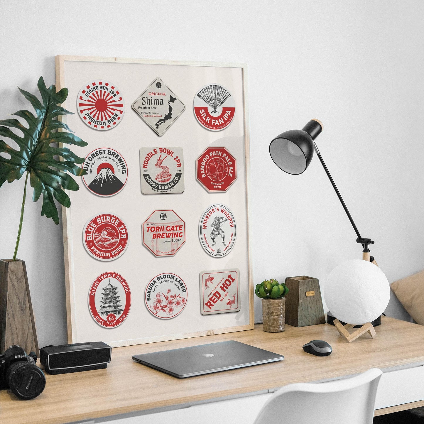 Framed Japanese coaster Print with Hiroshima, Sapporo landmarks, ideal for kitchen, office, or bar area.