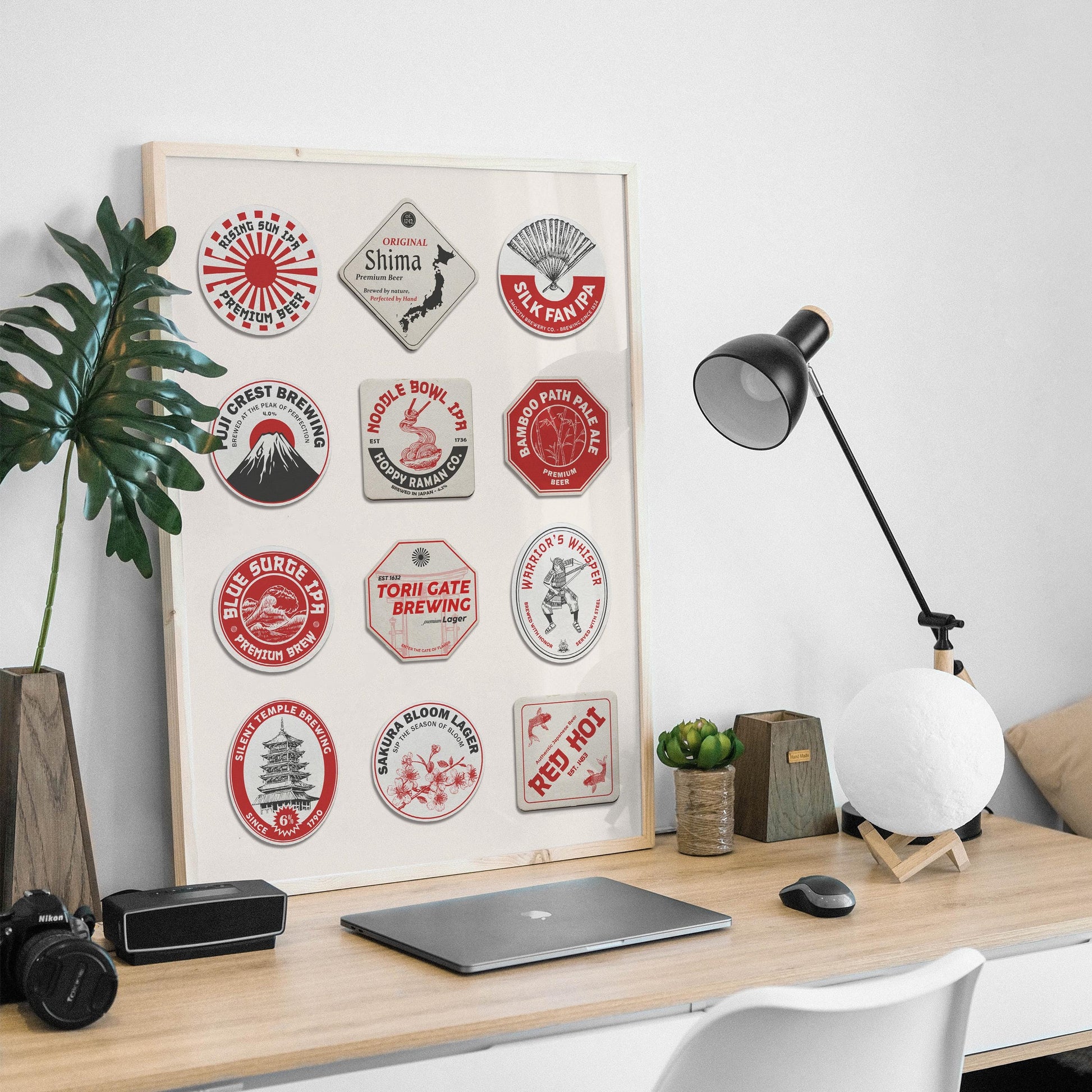 Framed Japanese coaster Print with Hiroshima, Sapporo landmarks, ideal for kitchen, office, or bar area.