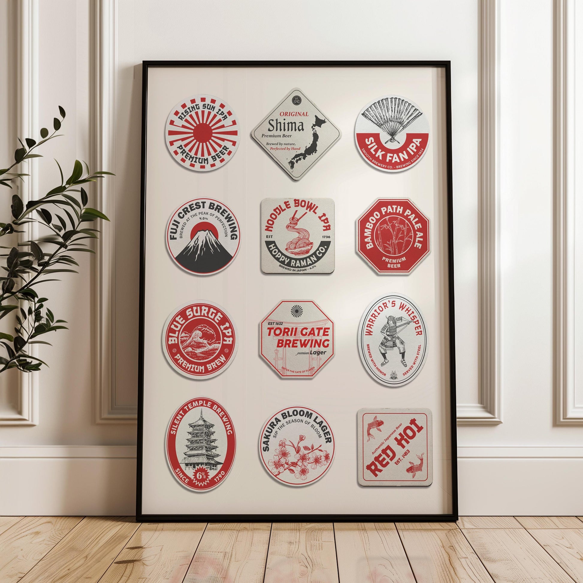 Framed Japanese travel print with Tokyo, Kyoto landmarks. Perfect pub gift for travellers and beer lovers.