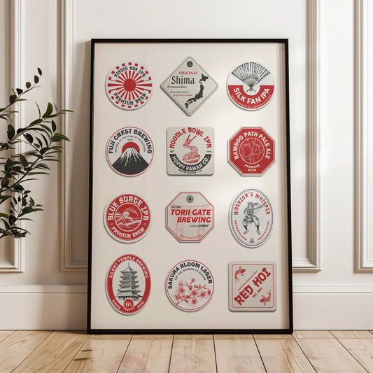 Framed Japanese travel print with Tokyo, Kyoto landmarks. Perfect pub gift for travellers and beer lovers.