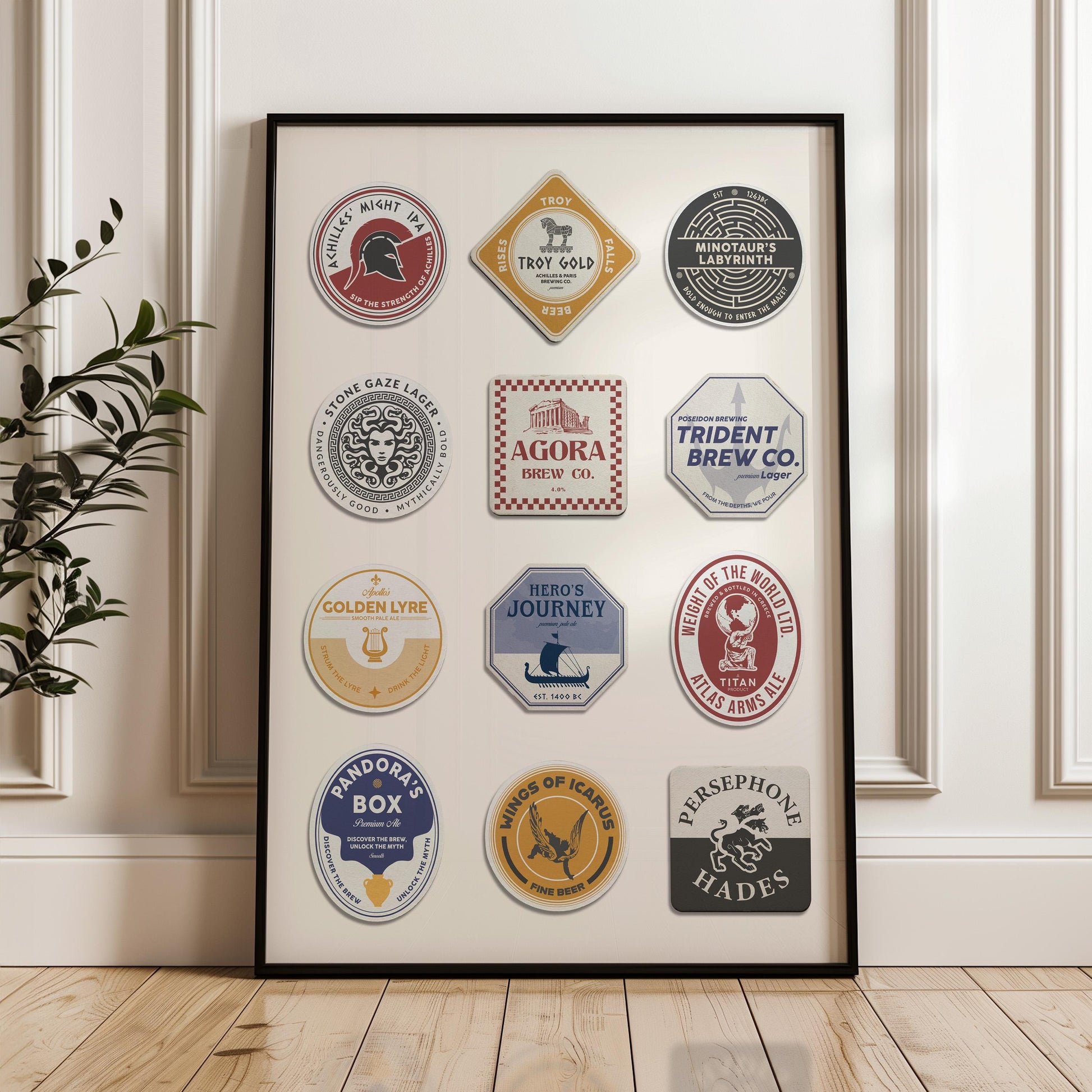 Beer mat print showing Aphrodite, Apollo, and Greek legends. Perfect pub gift for mythology enthusiasts and beer lovers.