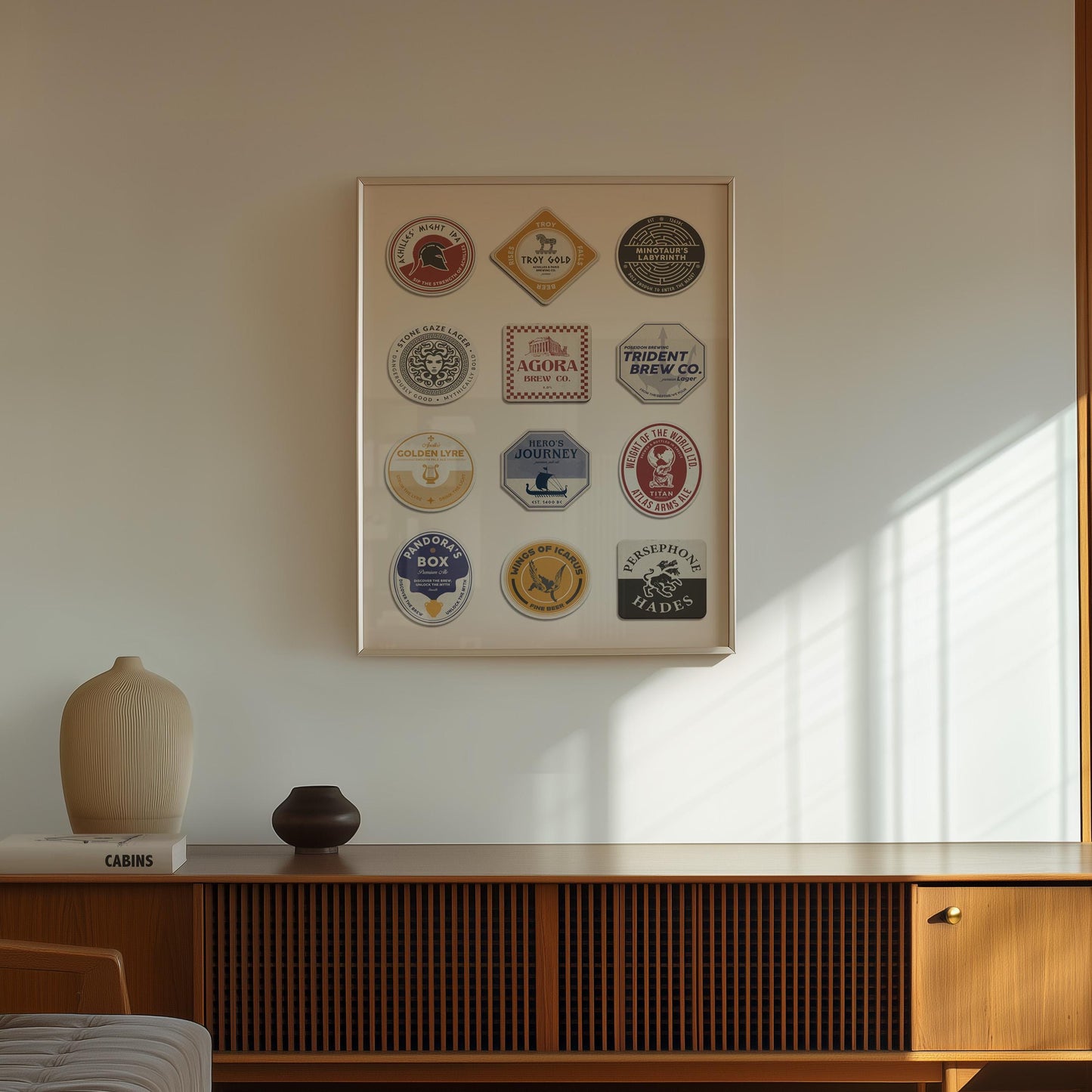 Printable beer mat coaster featuring Greek gods and myths, including Zeus and Apollo. Great for beer and art lovers.
