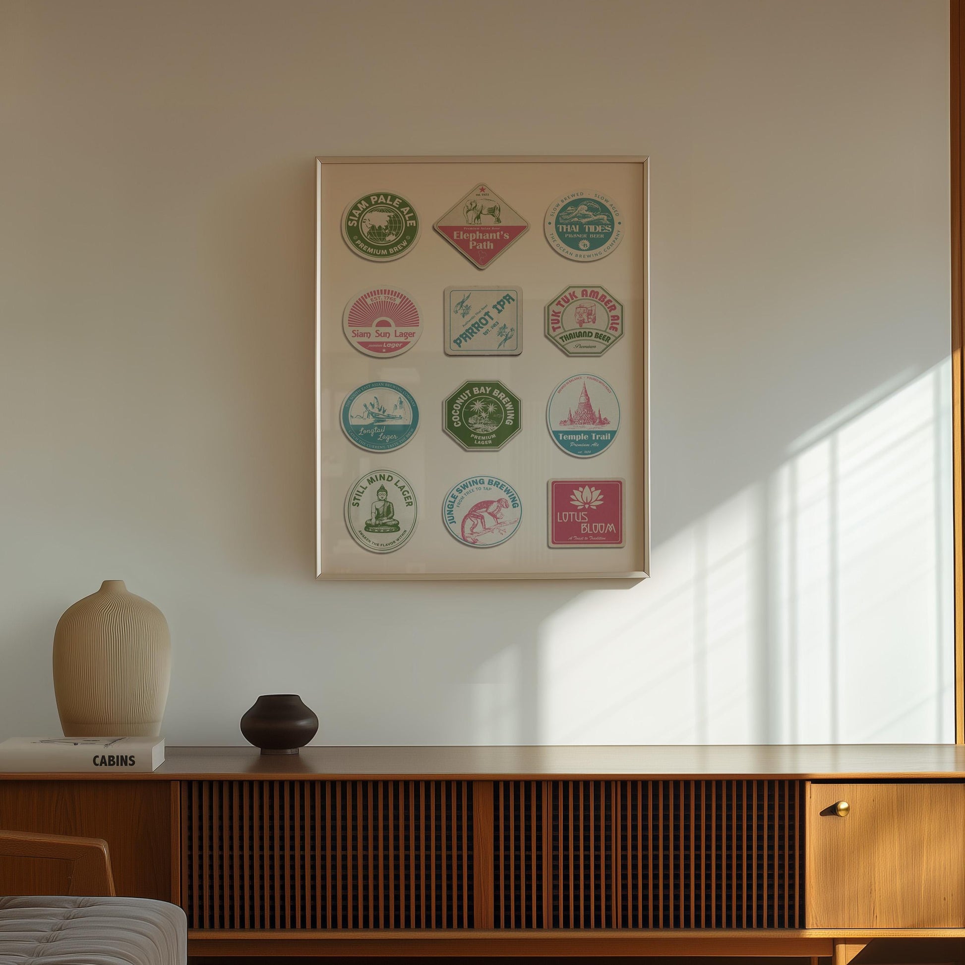 Thailand beer coaster framed poster featuring famous cities, ideal beer pint gift for travellers and beer lovers.