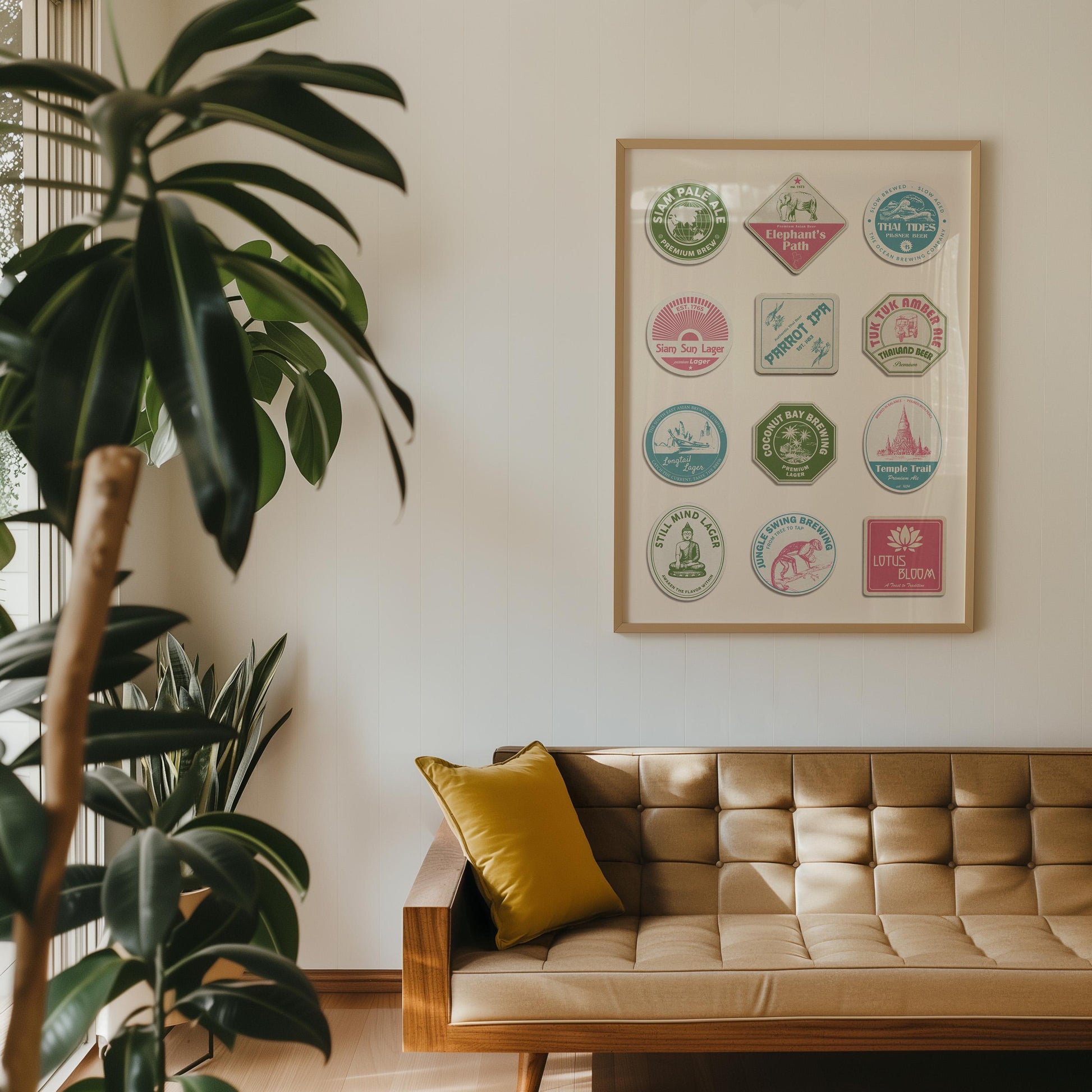 Framed Thai coaster travel print with Chiang Mai, Bangkok landmarks, great for home bar or living room display.