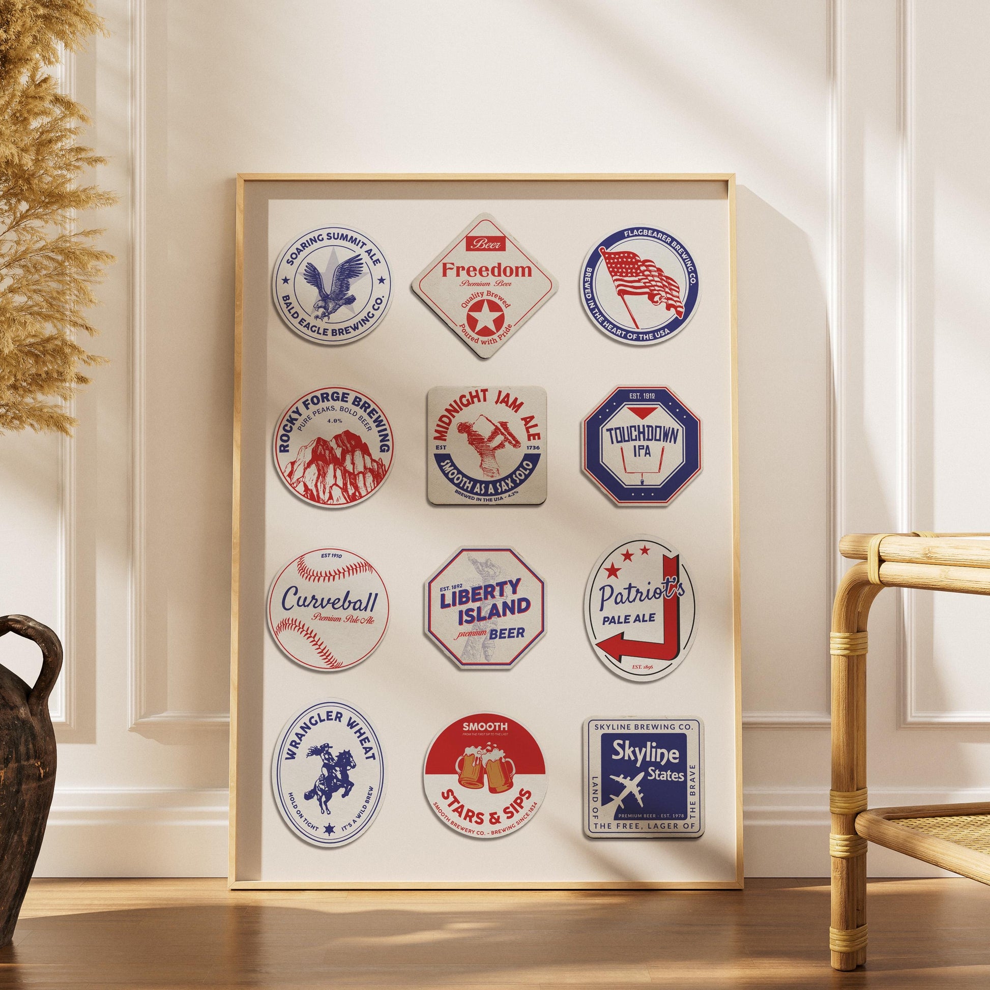 Framed American pub coaster art print with Chicago, San Francisco, perfect for office desk or living room décor.