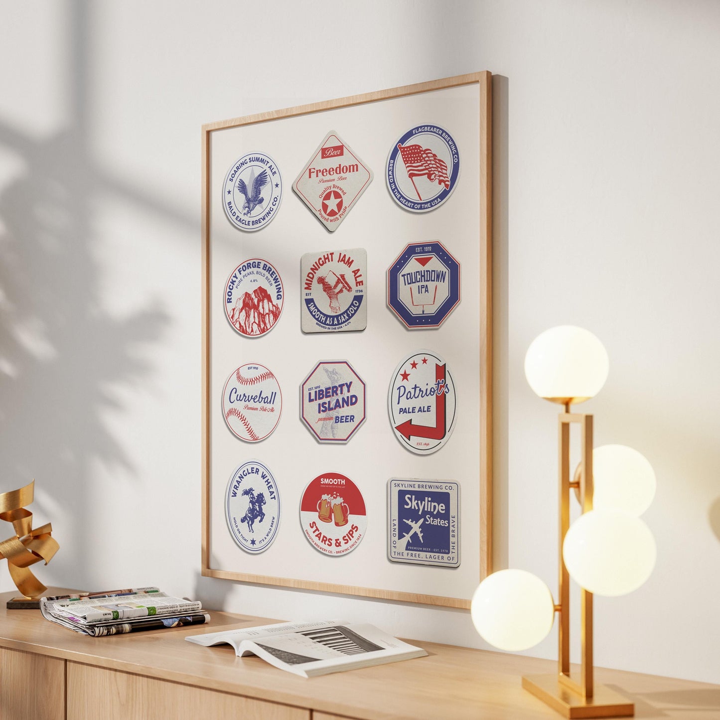 USA beer mat framed poster showing iconic cities and beer traditions. Great gift for travellers and pubs.