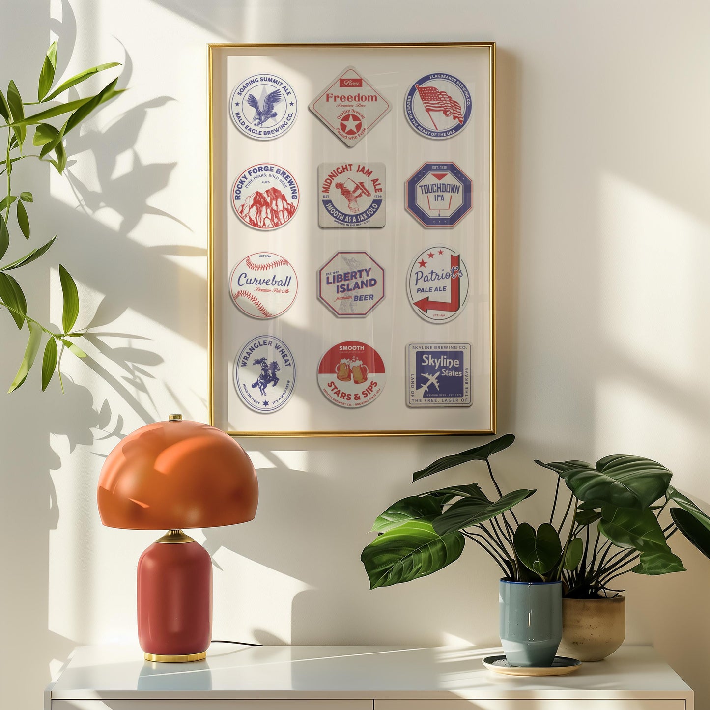 USA beer coaster framed poster in kitchen featuring famous cities, perfect beer pint gift for travellers and holidays.