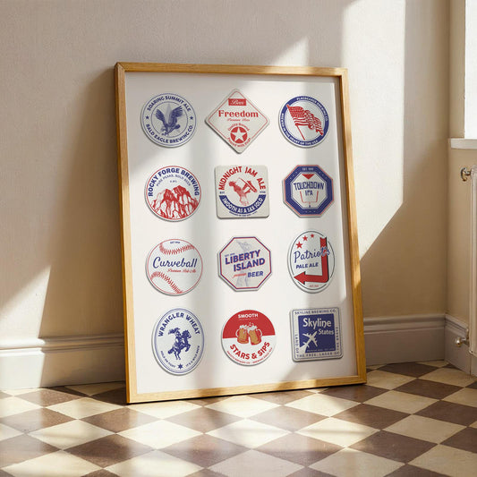 Framed America pub coaster print with Las Vegas, NYC landmarks, great for home bar or living room display.