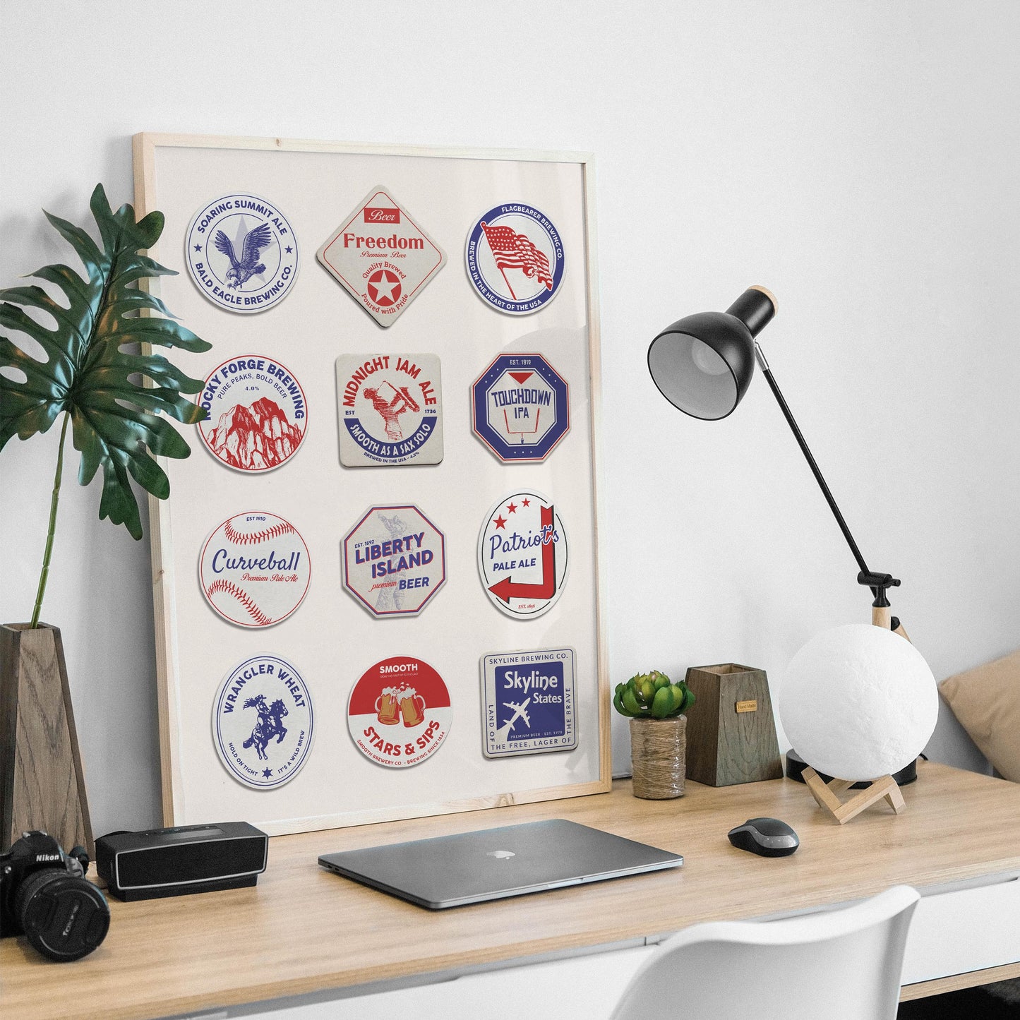 American pub coaster printable file with Chicago, Miami, Yellowstone landmarks, ideal pub beer gift for travellers.