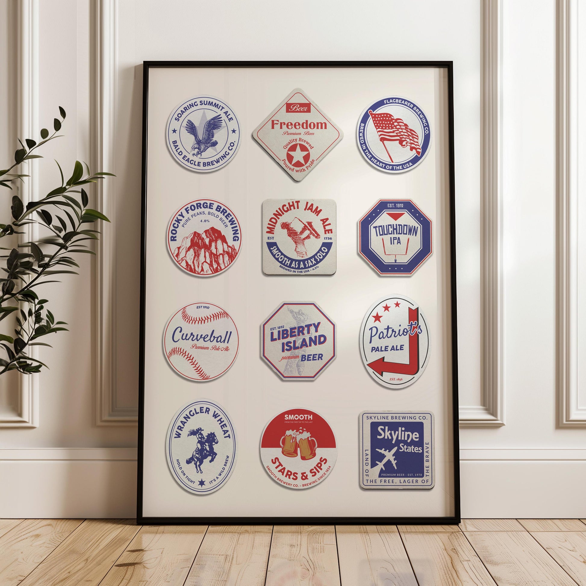 mid century modern home apartment with wood flooring and white cladded walls. A poster showing the printable design of retro beer mats in blue, reds and white for icons of US American themes and culture.