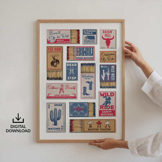 A framed printable poster showcasing vintage matchbox designs with a Western theme. The matchboxes feature phrases such as "Yee Haw" and "Wild West." The color scheme includes red, blue, and brown. The print is a digital download.