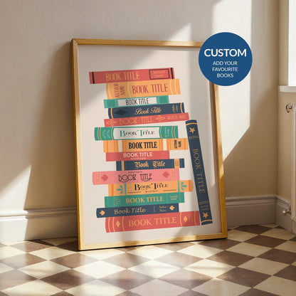 Personalised Custom Book Stack Poster framed and leaning on wall perfect bookish gift for reading nook or bookshelf decor