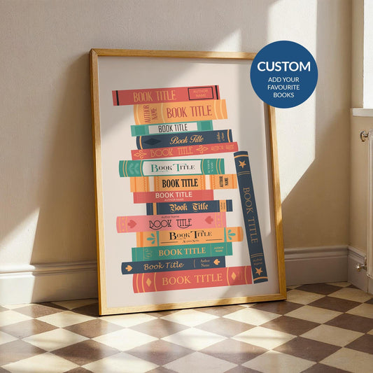 Personalised Custom Book Stack Poster framed and leaning on wall perfect bookish gift for reading nook or bookshelf decor