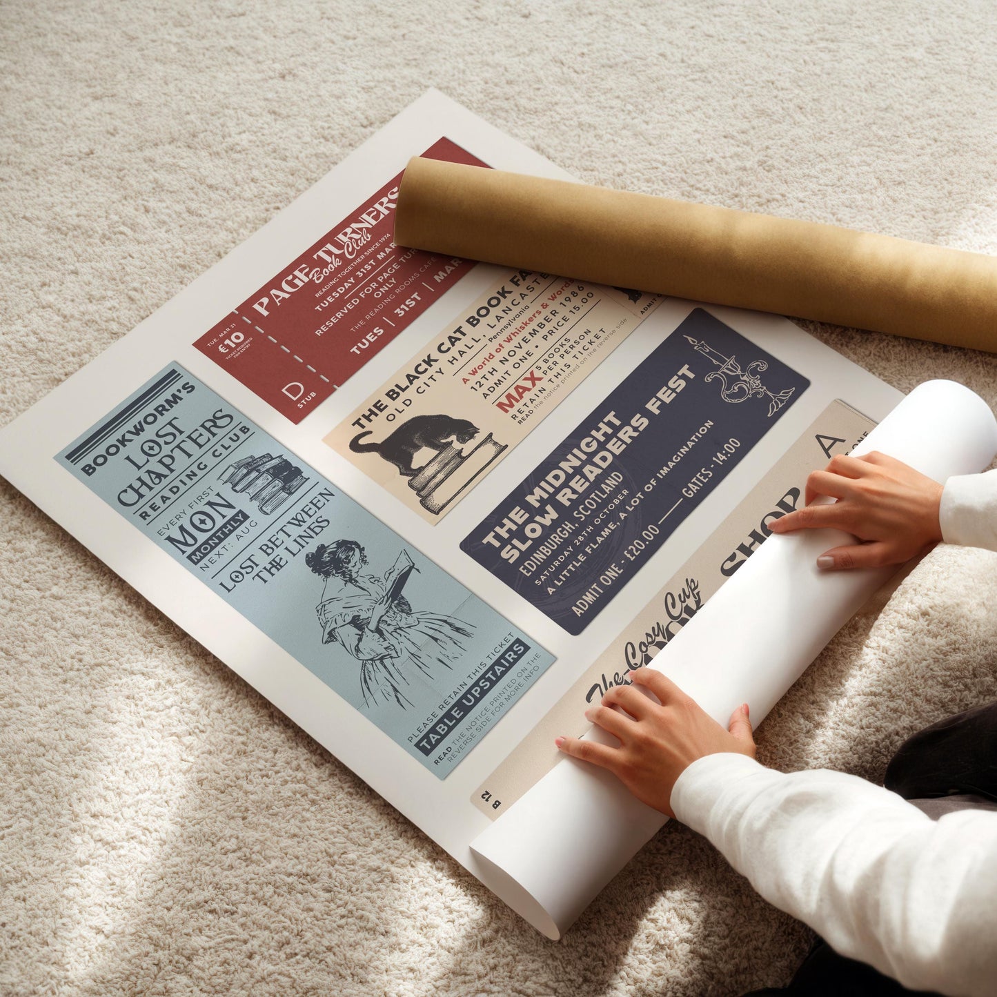 a poster being rolled out on the floor of a dark academia style home. The book lover art has muted colours and cool tones.