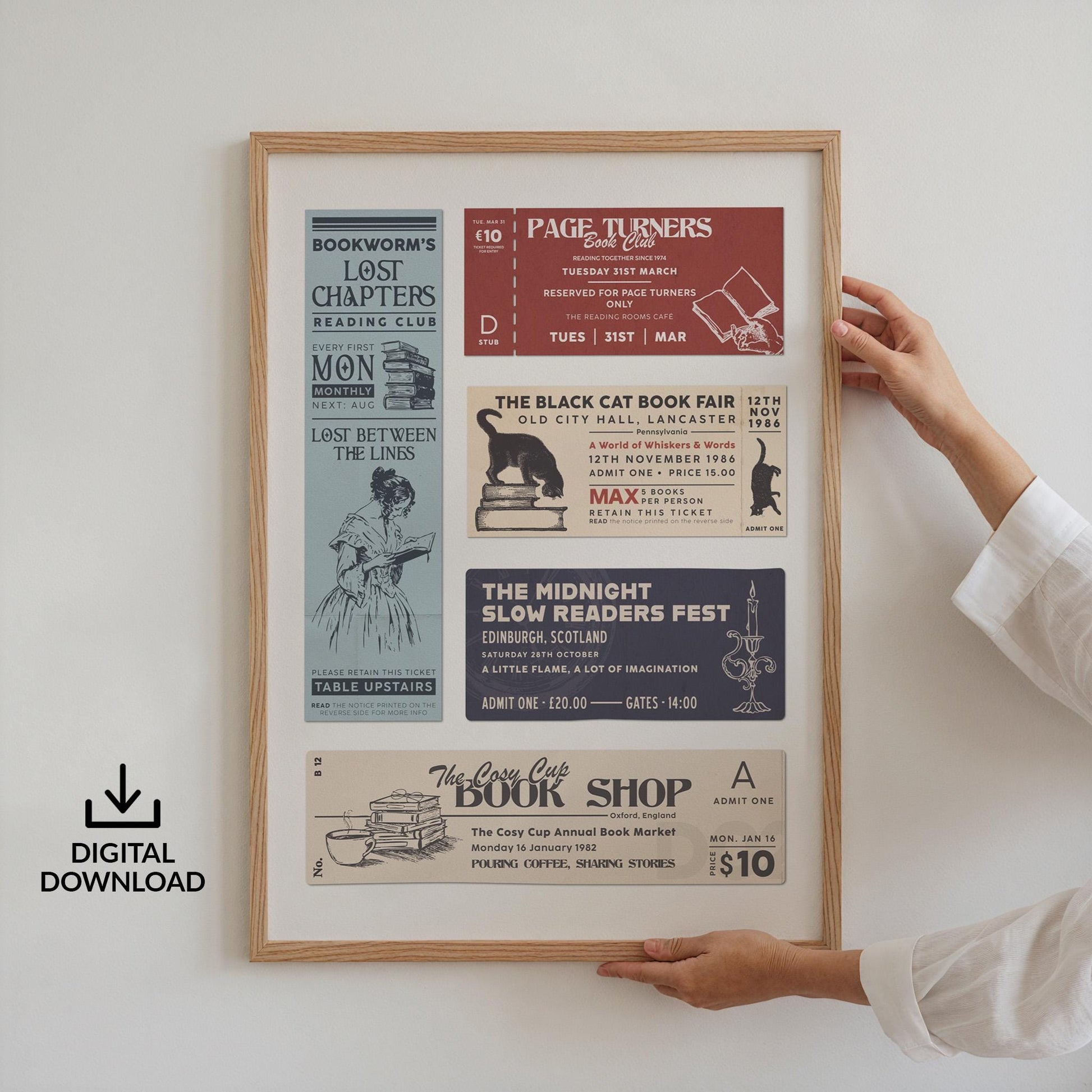 A framed print displaying a collection of vintage book fair and reading club tickets. The tickets, in shades of burgundy, blue, and cream, feature text like "Page Turners Book Club" and "The Black Cat Book Fair." The frame is a light wood.
