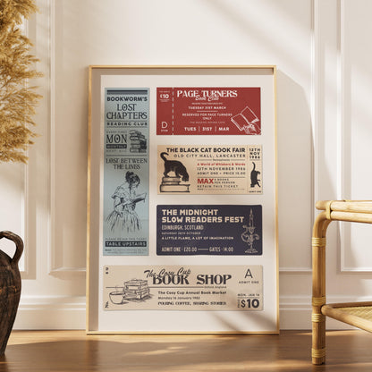 A dark academia poster displaying a collection of vintage reading club tickets. The tickets feature text like "The Midnight Slow Readers Fest". The frame is a light wood colour.