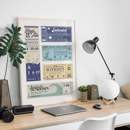 A masculine man cave office with a vintage inspired sandy beach poster with dopamine decor style summer beach art.