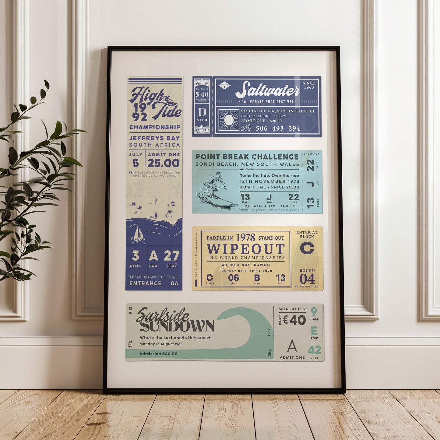 a vintage ticket stub design for beachy girly art fans. The poster is in a minimal beach house home with a plant on the left side.