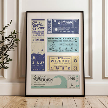 a vintage ticket stub design for beachy girly art fans. The poster is in a minimal beach house home with a plant on the left side.