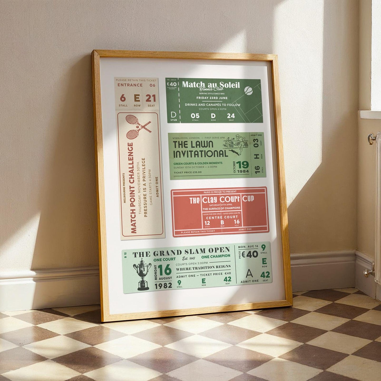 An old money charm sports art print framed in wood leaning on wall in a kitchen.