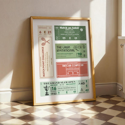 An old money charm sports art print framed in wood leaning on wall in a kitchen.