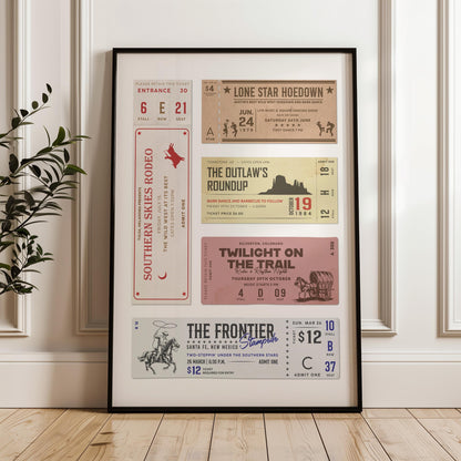 A modern chic home with a ticket stub social club art print on the wall with a wild west Texas Nashville nights theme.