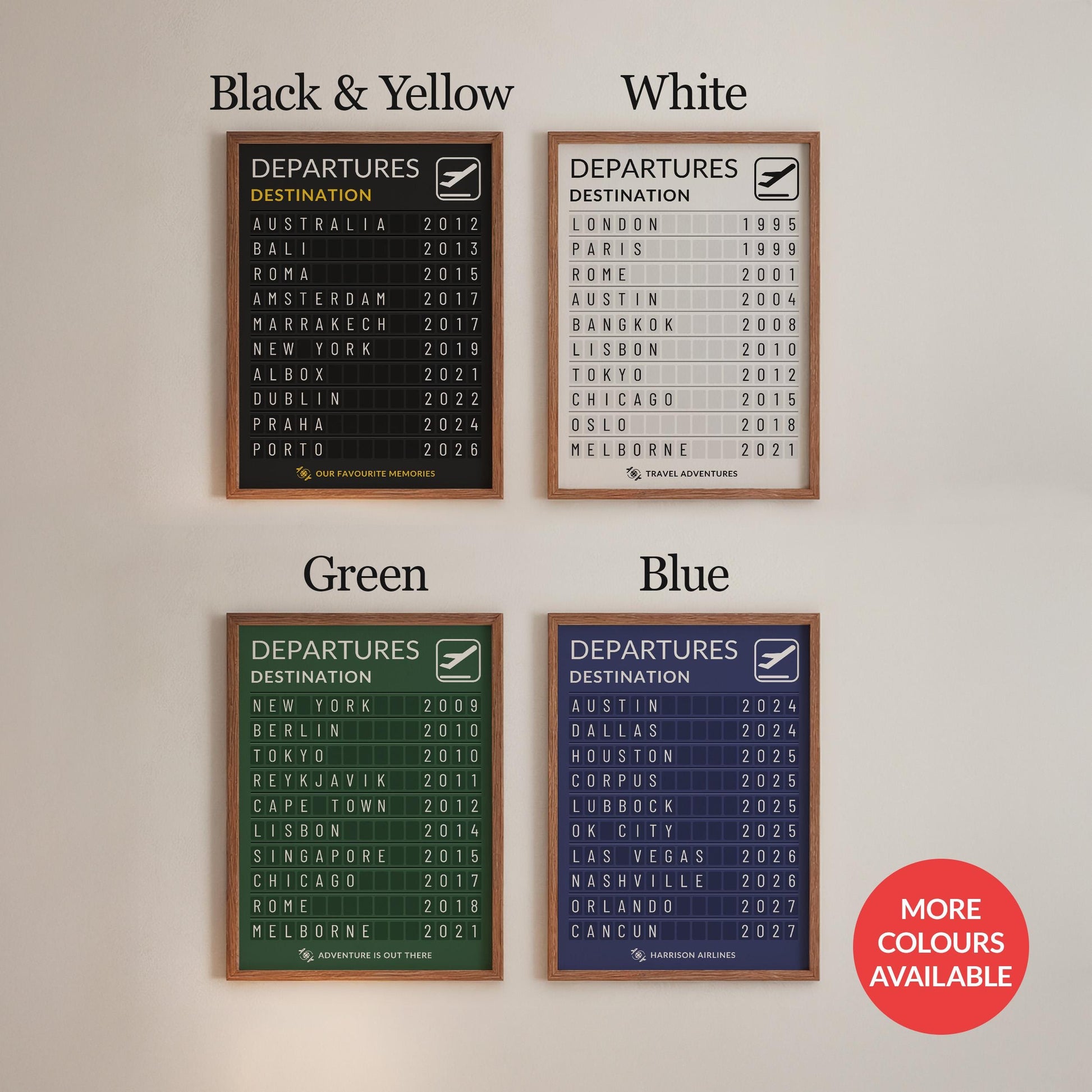 Four custom departure board posters on a white wall showing the colour options. They come in black, black and yellow, red, blue, green, off-white and white.