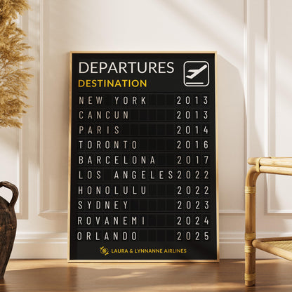 A boho style apartment with a rattan chair and plant next to a wood framed poster of a bespoke made departures information board personal to your travelling memories.