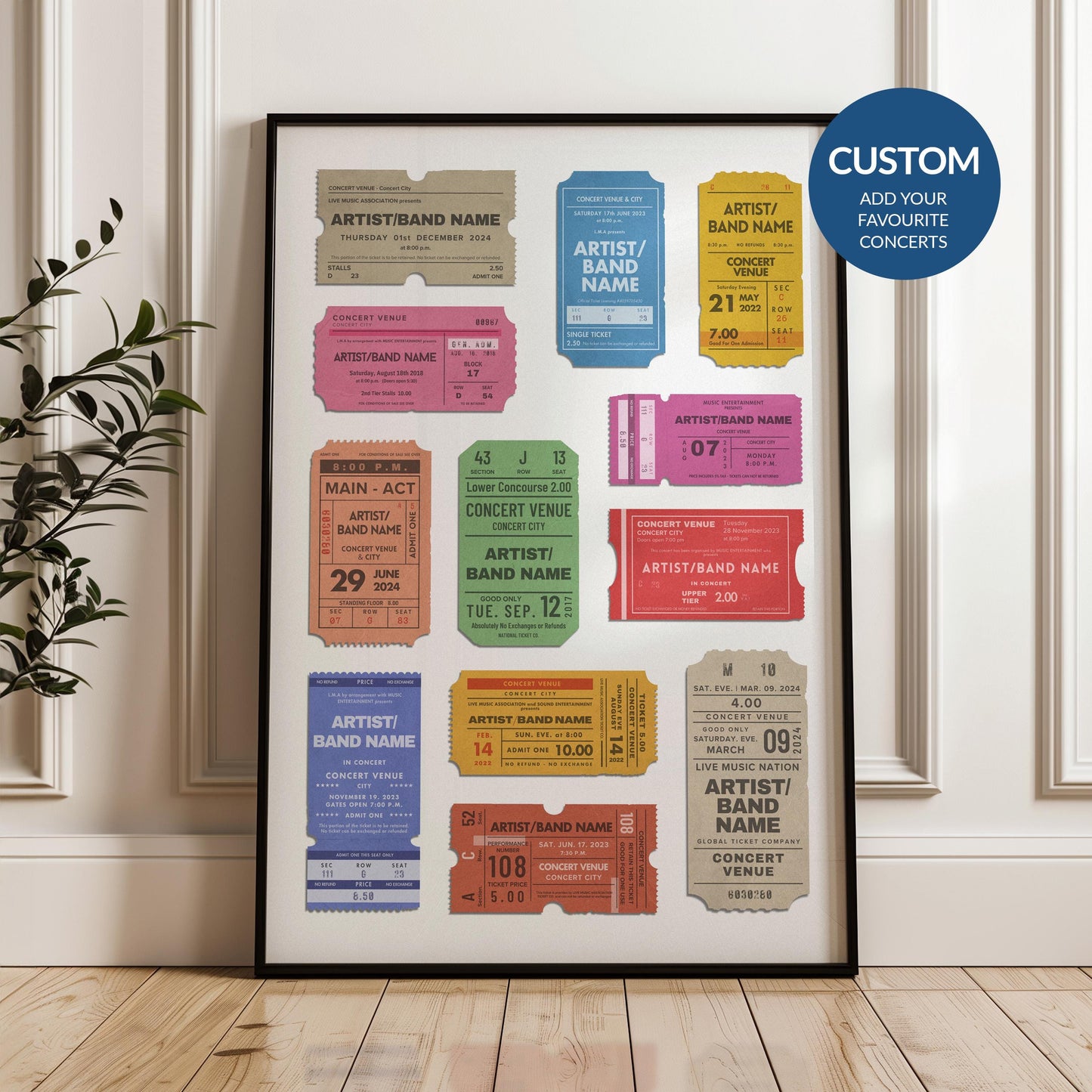 Custom vintage concert ticket poster featuring personalised gigs and artists a perfect bespoke gift for music lovers